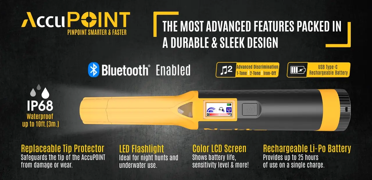 Nokta AccuPoint Pinpointer 2 Nokta AccuPoint features including Bluetooth, IP68 waterproofing, colour LCD and rechargeable battery