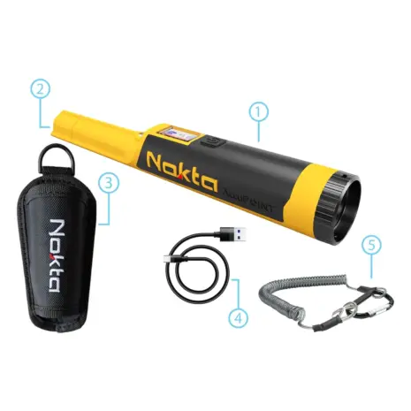 Nokta AccuPoint Package Contents Nokta AccuPoint pinpointer with tip protector, holster, charging cable and security lanyard