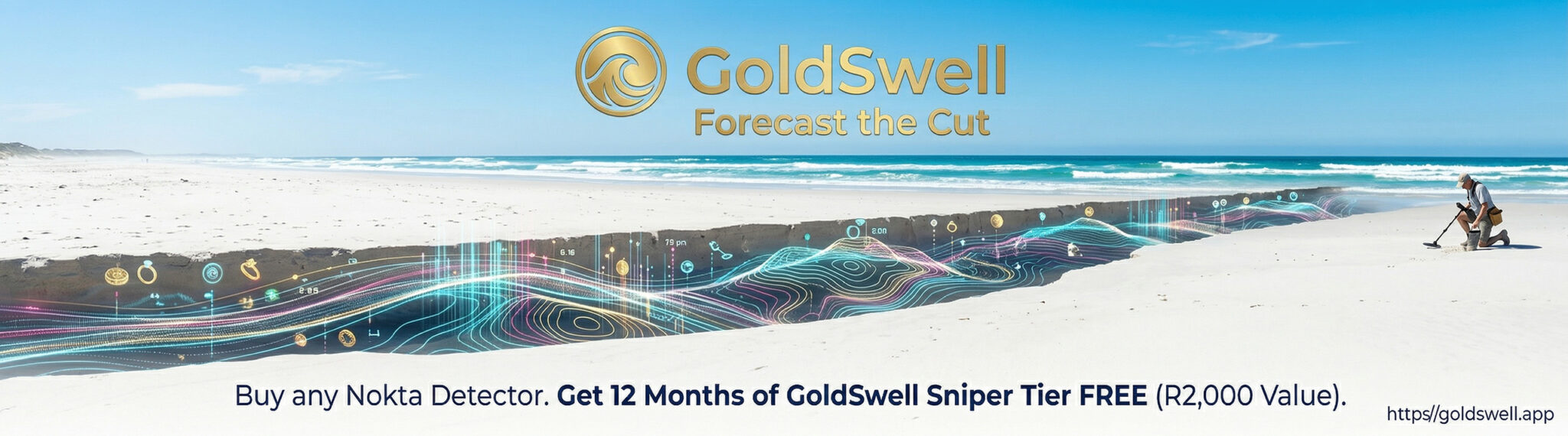 Get 12 Months of GoldSwell Sniper Tier FREE with any Nokta Detector GoldSwell app promotion: Buy any Nokta metal detector and get 12 months of GoldSwell Sniper Tier free to forecast beach cuts and find old gold.