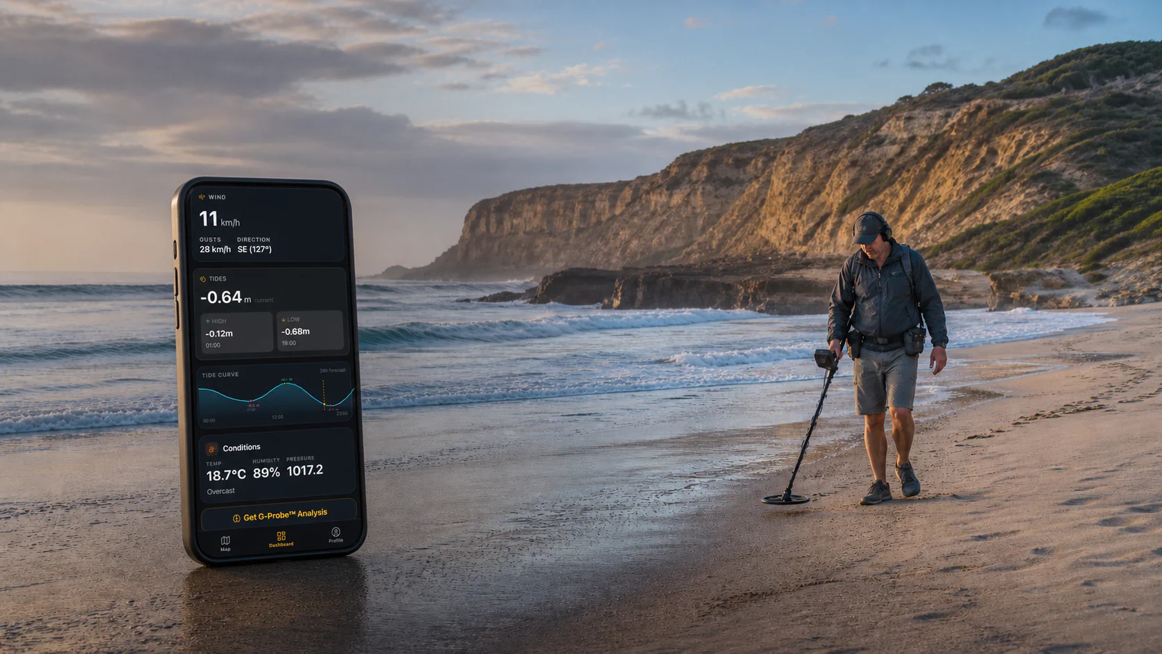 Metal Detectors South Africa 12 GoldSwell beach forecast beside a detectorist on a South African beach