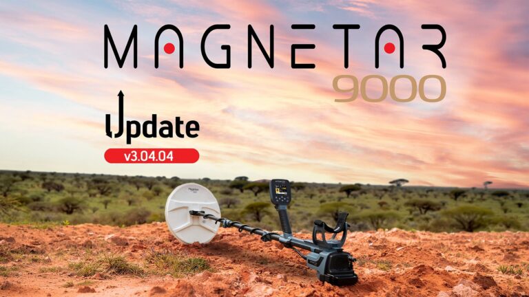 Official Nokta Magnetar 9000 v3.04.04 update announcement, with the detector on red soil beneath a sunset.