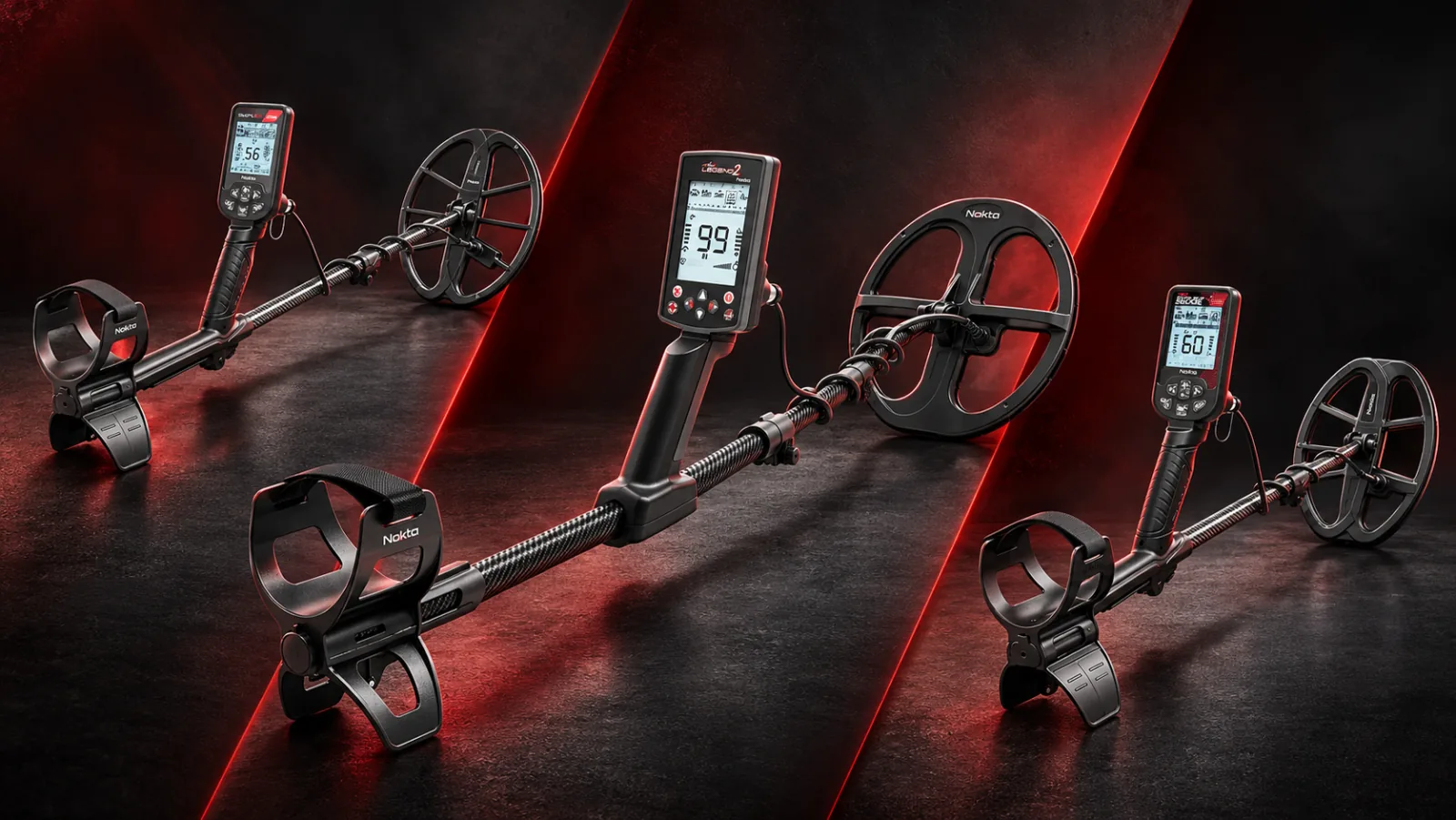 Nokta Legend 2, Triple Score and Simplex Ultra Nokta Simplex Ultra, Legend 2 and Triple Score metal detectors in a red and charcoal product collage.